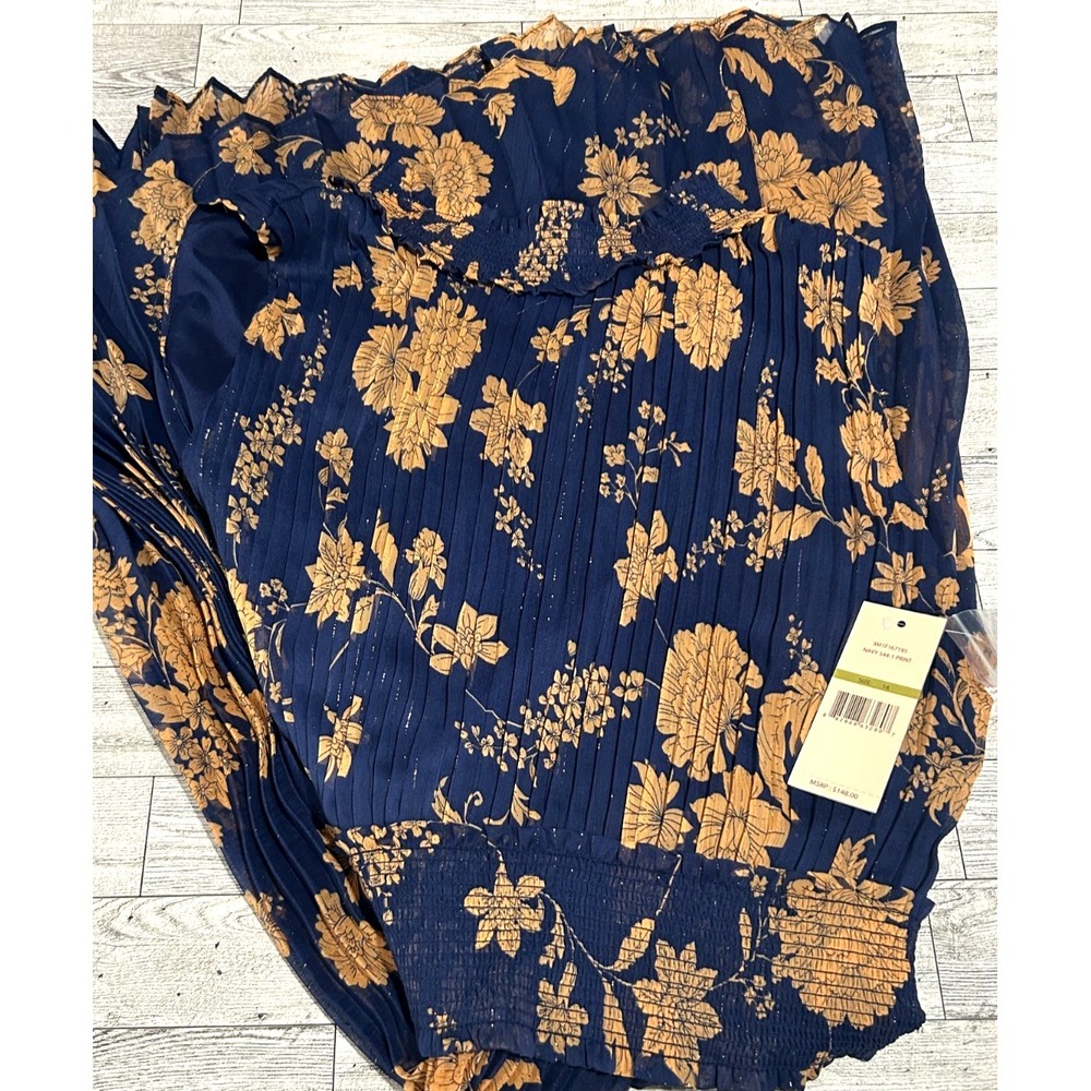 NWT Nanette Lepore Navy Blue & Gold Floral Smocked Waist Midi‎ Dress - Size 14